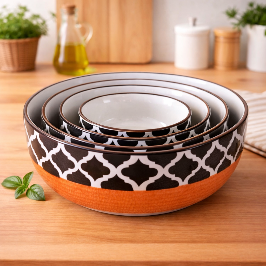 Kunhar Ceramic Mixing Bowl Set – 4 Pieces (1500ml, 800ml, 600ml, 400ml), Red Chidi – Durable, Microwave & Dishwasher Safe – Ideal for Mixing, Serving & Storage